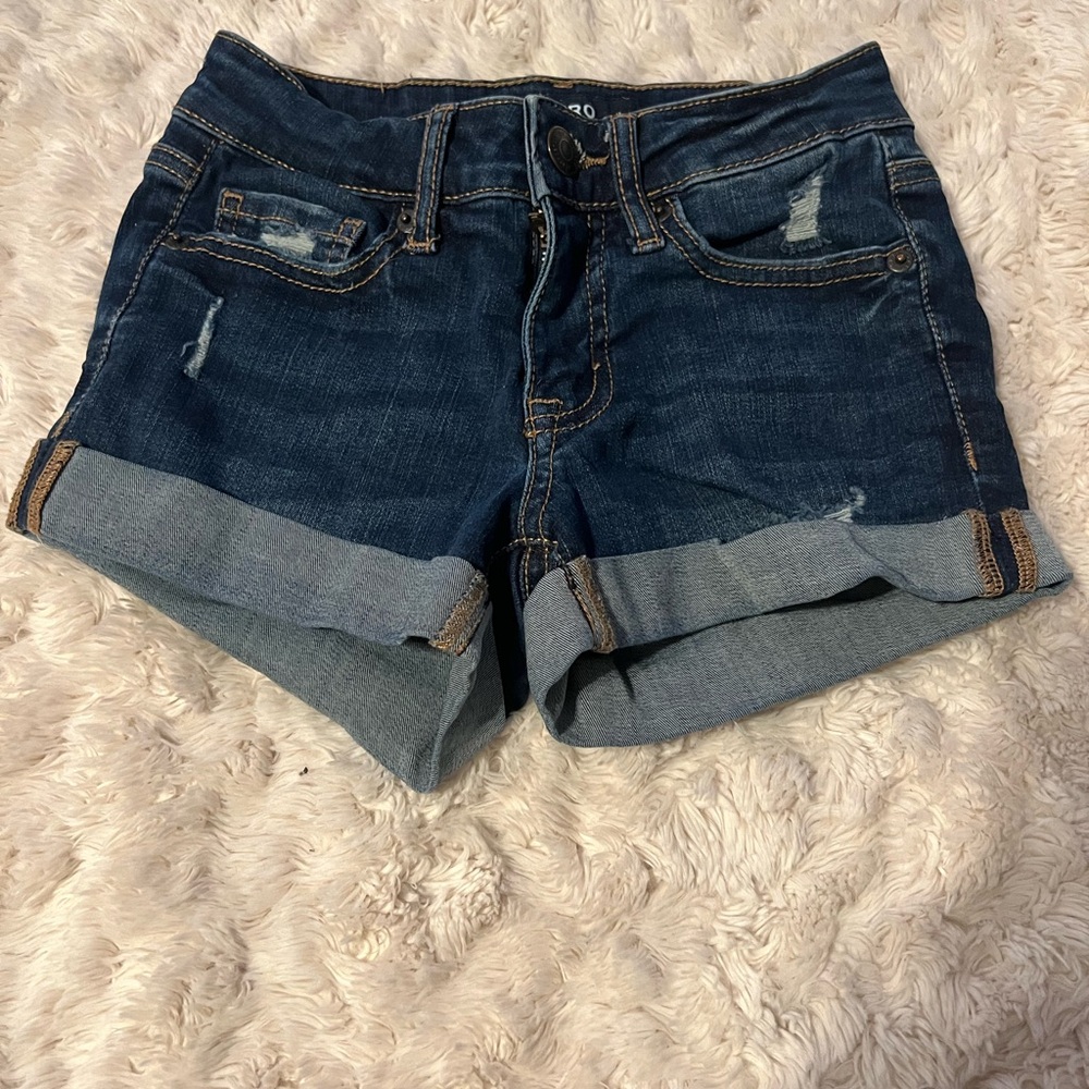 Blue Jean Shorts with Rolled Hems and Distressed Look